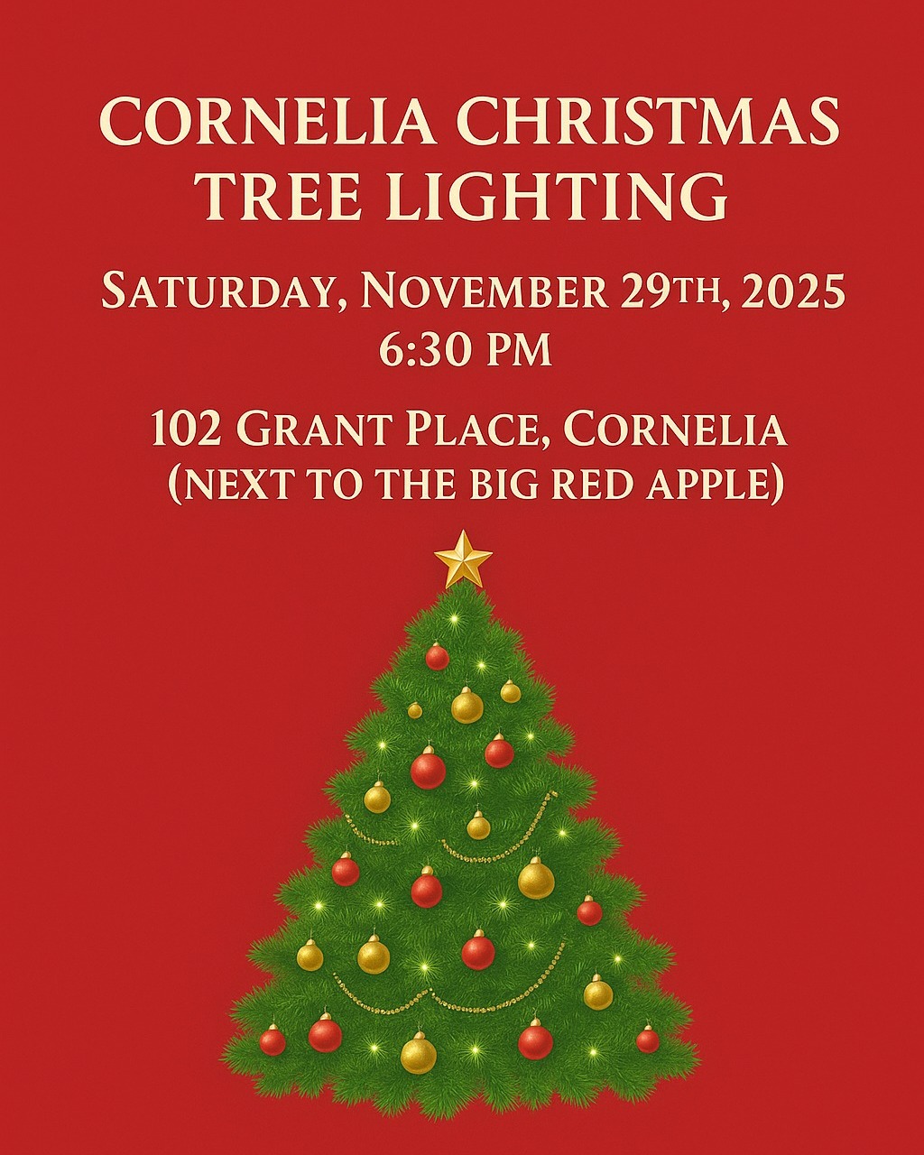 Cornelia’s Christmas Tree Lighting Is Tonight at 6:30 p.m.